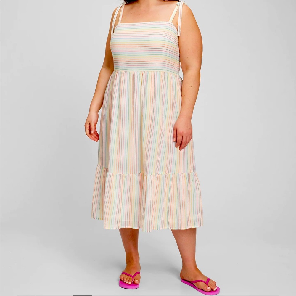 Midi rainbow striped dress with tie shoulders